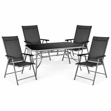 Комплект садовой мебели 4Points Taormina-4 с прямоугольным столом 150&times;90&times;70 см с черной стеклянной столешницей и серым каркасом + 4 раскладных стула с серым каркасом, Чёрный 41028 фото
